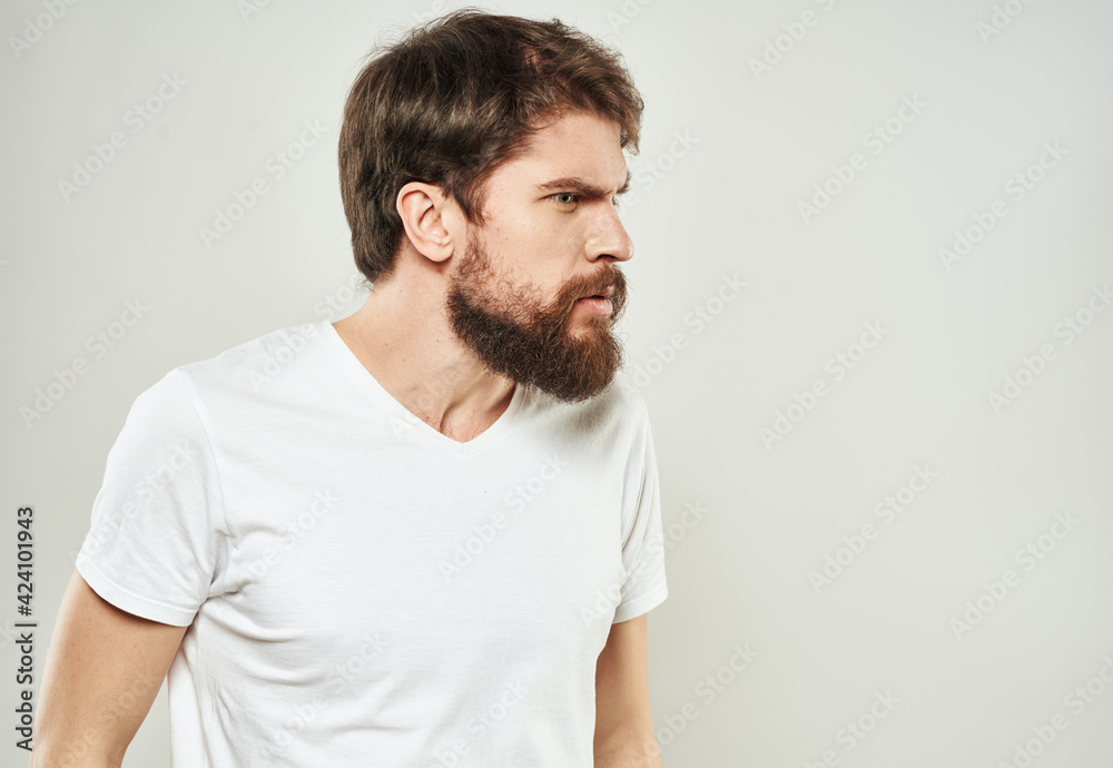Aggressive man gestures with his hands thick beard irritability stress Aggressive man gestures with his hands thick beard irritability stress
