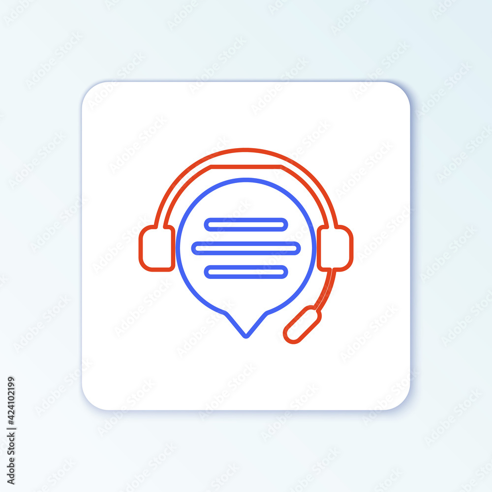 Line Headphones with speech bubble chat icon isolated on white background. Support customer service, hotline, call center, faq, maintenance. Colorful outline concept. Vector Line Headphones with speech bubble chat icon isolated on white background. Support customer service, hotline, call center, faq, maintenance. Colorful outline concept. Vector