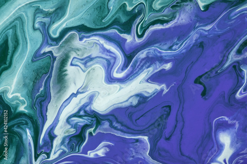 Abstract fluid art background navy blue and green colors. Liquid marble. Acrylic painting on canvas