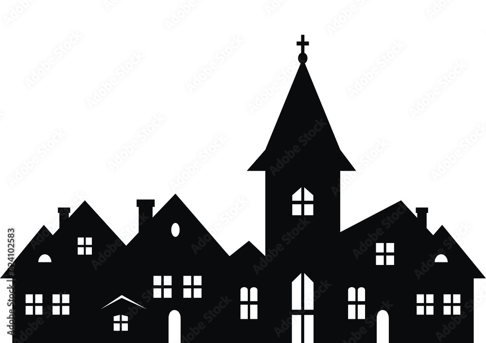 Township with church, black silhouette on white background, vector illustration