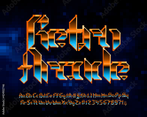 Retro Arcade alphabet font. Pixel letters, numbers and punctuations in hard rock style. 80s arcade video game typeface.