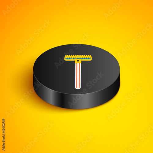Isometric line Garden rake icon isolated on yellow background. Tool for horticulture, agriculture, farming. Ground cultivator. Housekeeping equipment. Black circle button. Vector