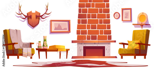 Living room interior objects in traditional chalet style, wooden furniture. fireplace, horns and pictures hanging on wall, armchair with plaid, table and cow skin rag, home decor Cartoon vector set