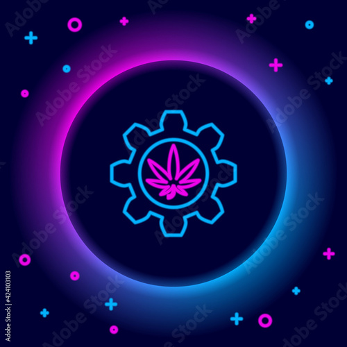 Glowing neon line Chemical test tube with marijuana or cannabis leaf icon isolated on black background. Research concept. Laboratory CBD oil concept. Colorful outline concept. Vector