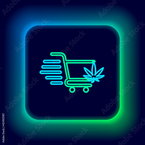 Glowing neon line Shopping cart with marijuana or cannabis leaf icon isolated on black background. Online buying. Delivery service. Supermarket basket. Colorful outline concept. Vector