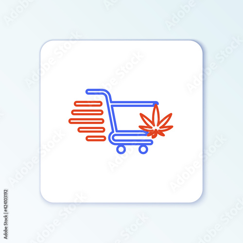 Line Shopping cart with marijuana or cannabis leaf icon isolated on white background. Online buying. Delivery service. Supermarket basket. Colorful outline concept. Vector