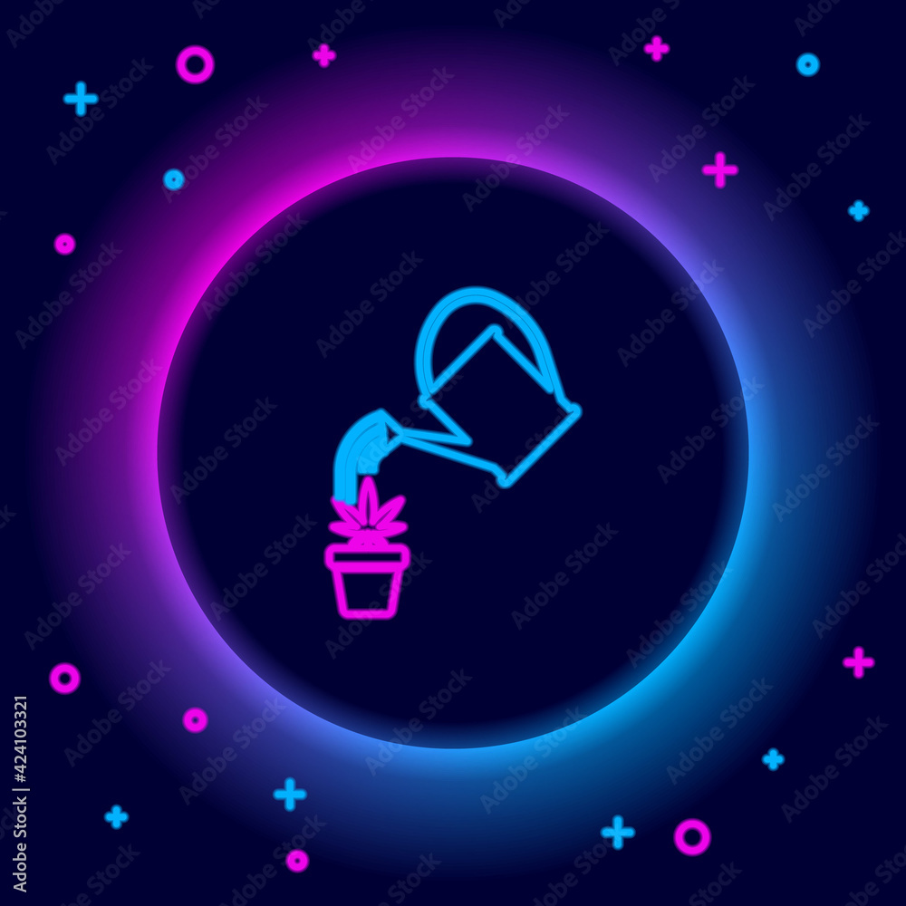Glowing neon line Watering can sprays water drops above marijuana or cannabis plant in pot icon isolated on black background. Marijuana growing concept. Colorful outline concept. Vector Glowing neon line Watering can sprays water drops above marijuana or cannabis plant in pot icon isolated on black background. Marijuana growing concept. Colorful outline concept. Vector
