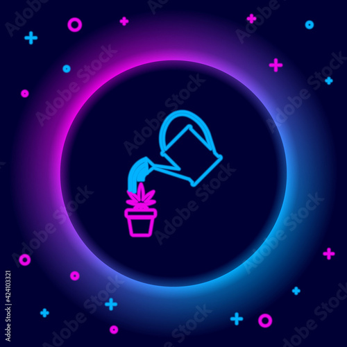 Glowing neon line Watering can sprays water drops above marijuana or cannabis plant in pot icon isolated on black background. Marijuana growing concept. Colorful outline concept. Vector