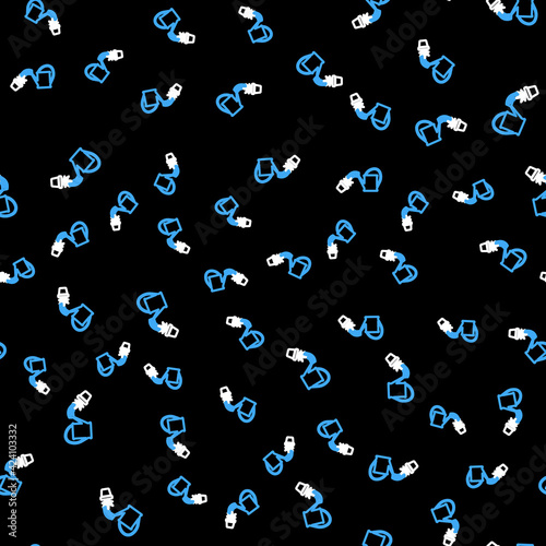 Line Watering can sprays water drops above marijuana or cannabis plant in pot icon isolated seamless pattern on black background. Marijuana growing concept. Vector