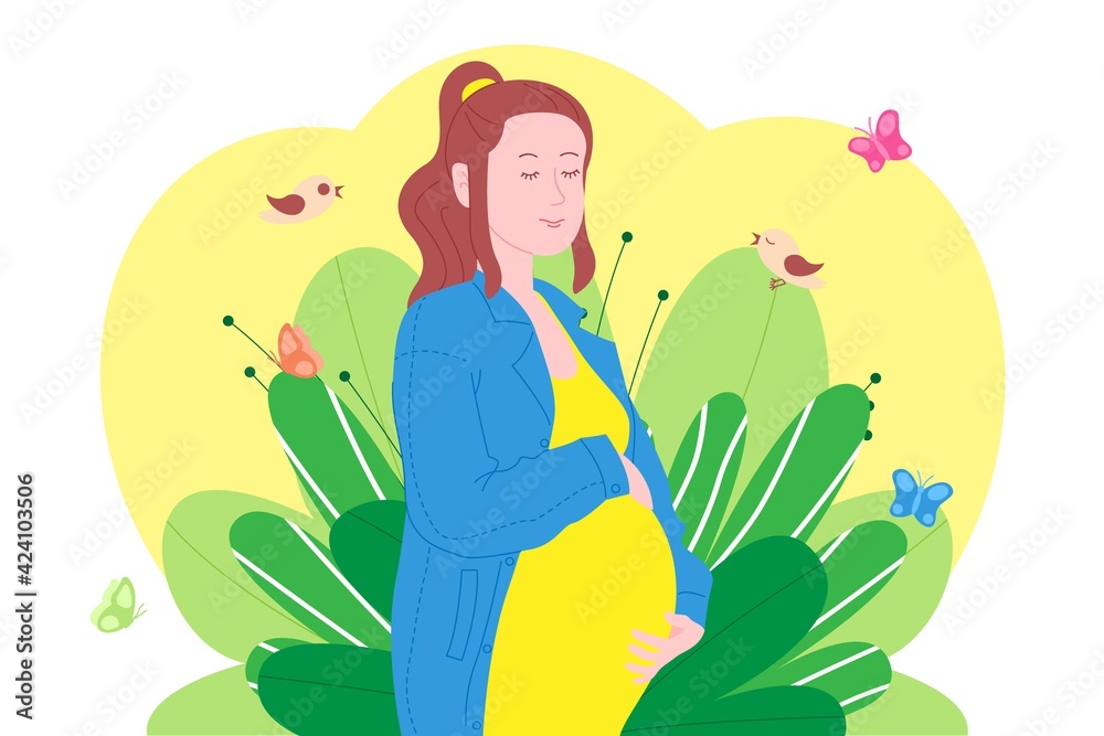 Pregnancy, motherhood concept. Pregnant and happy beautiful young woman holds her belly with a baby in the womb. Flat cartoon vector illustration of a woman awaiting the birth of a child. Pregnancy, motherhood concept. Pregnant and happy beautiful young woman holds her belly with a baby in the womb. Flat cartoon vector illustration of a woman awaiting the birth of a child.