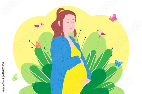 Pregnancy, motherhood concept. Pregnant and happy beautiful young woman holds her belly with a baby in the womb. Flat cartoon vector illustration of a woman awaiting the birth of a child.