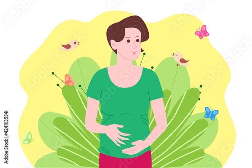 Pregnancy, motherhood concept. Pregnant and happy beautiful young woman holds her belly with a baby in the womb. Flat cartoon vector illustration of a woman awaiting the birth of a child.