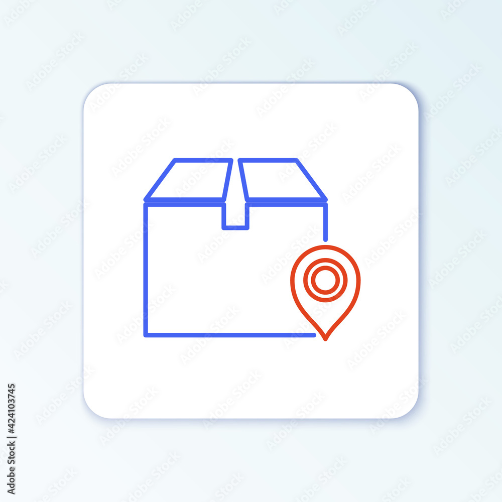 Line Location with cardboard box icon isolated on white background. Delivery services, logistic and transportation, relocation, distribution. Colorful outline concept. Vector Line Location with cardboard box icon isolated on white background. Delivery services, logistic and transportation, relocation, distribution. Colorful outline concept. Vector