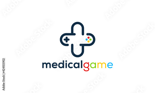 Logo combination from plus symbol medical with joystick game design concept