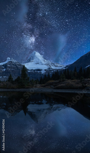 Mount Assiniboine under the star sky. Mount Assiniboine Provincial Park in British Columbia, Canada, this park was included within the Canadian Rocky Mountain Parks UNESC