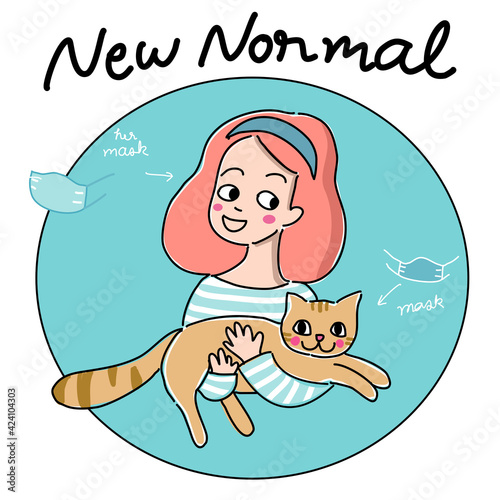 covid-19 new normal pet lover .girl with white and blue strap shirt holding ginger cat with her face masks and mask cat face mask that u can put it on or take it off on blue background cartoon vector