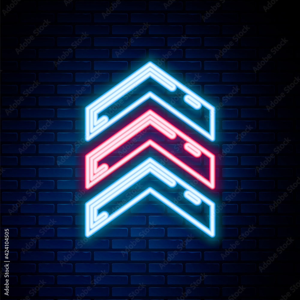 Obraz premium Glowing neon line Military rank icon isolated on brick wall background. Military badge sign. Colorful outline concept. Vector
