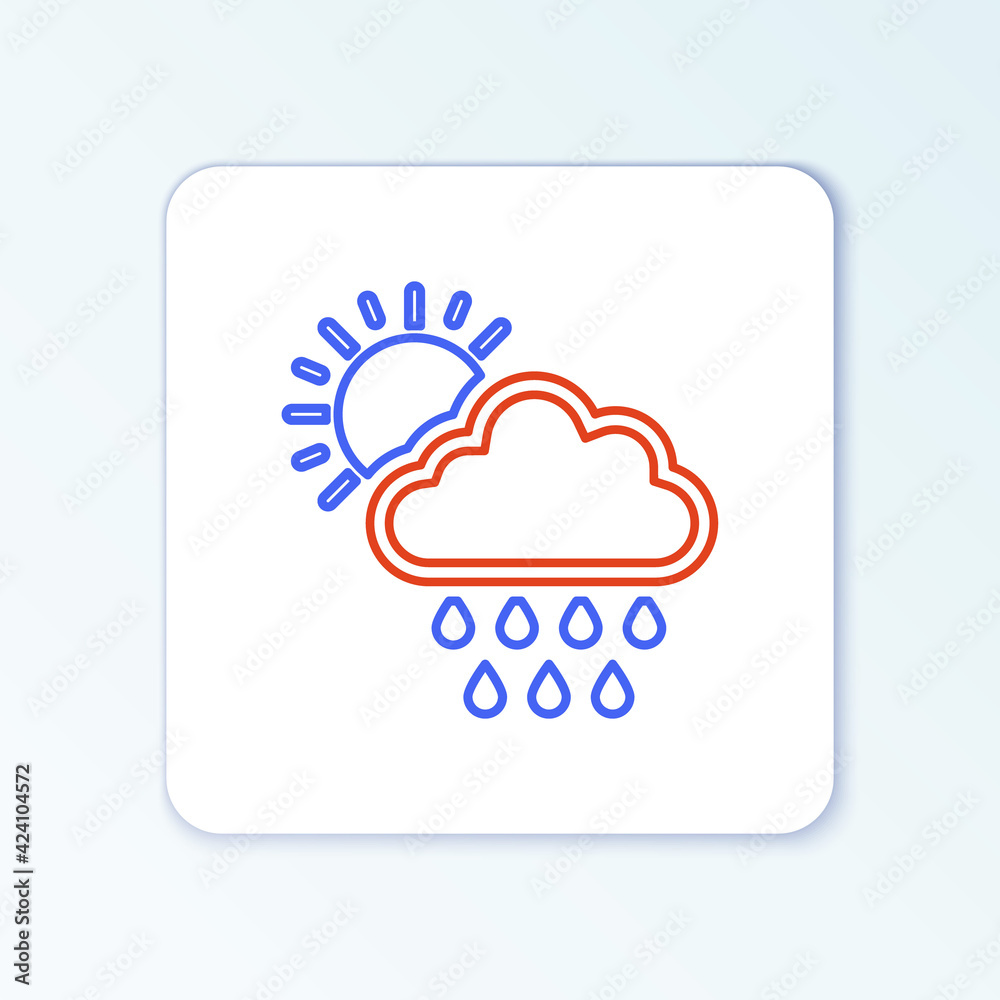 Line Cloud with rain and sun icon isolated on white background. Rain cloud precipitation with rain drops. Colorful outline concept. Vector Line Cloud with rain and sun icon isolated on white background. Rain cloud precipitation with rain drops. Colorful outline concept. Vector