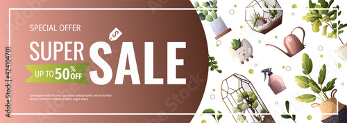 Promo sale banner for houseplants store, greenhouse, florarium, home garden, gardening, plant lover. Vector illustration for poster, banner, flyer, advertising, commercial, promo. 