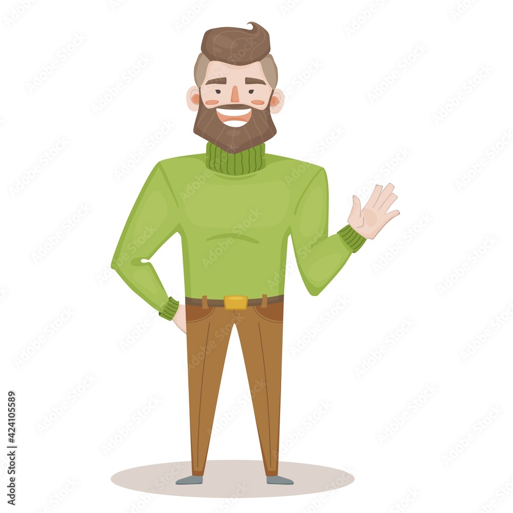 The only image is a cheerful man with a beard waving his hand in greeting. Hello from the funny guy. Smiling business man. Vector illustration in cute cartoon flat style for printing or digital use.