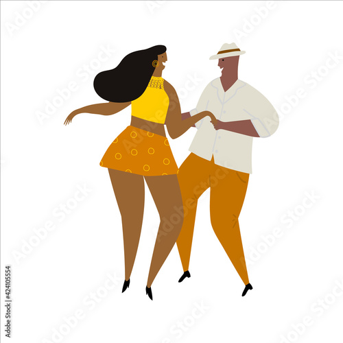 Hand drawn vector cartoon illustration of a couple dancing sexy fun bachata, salsa, mambo, kizomba dance. Isolated on white background. Dance school, festival, party, carnaval, invitation concept