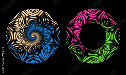 Halftone triangles in circle form. Round logo or icon. Vector design element with arrows. Yin and yang symbol style.