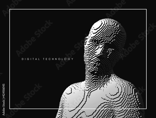 Abstract digital human head constructing from cubes. Minimalistic design for business presentations, flyers or posters. Technology and robotics concept. Voxel art. 3D vector illustration.