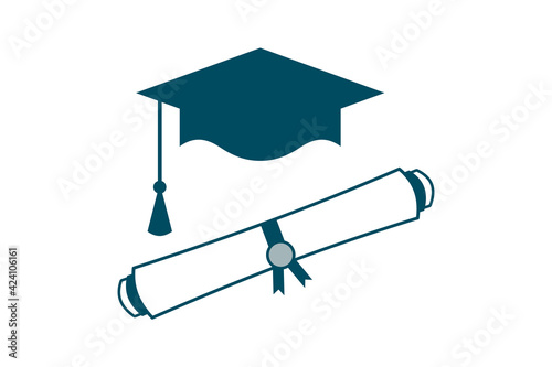 Graduation cap and diploma scroll icon. Blue mortarboard and college certificate. Higher education concept at university. PHD or doctoral degree with academic hat. Vector illustration, flat, clip art.
