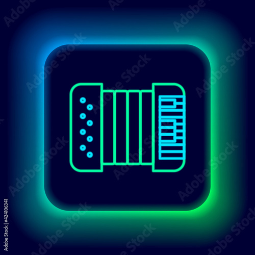 Glowing neon line Musical instrument accordion icon isolated on black background. Classical bayan, harmonic. Colorful outline concept. Vector
