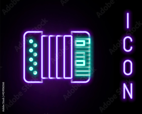 Glowing neon line Musical instrument accordion icon isolated on black background. Classical bayan, harmonic. Colorful outline concept. Vector