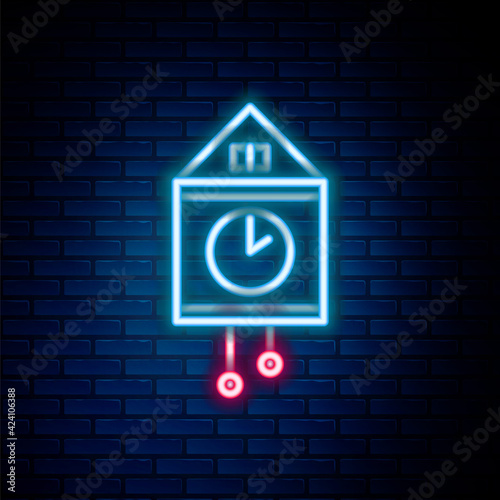Glowing neon line Retro wall watch icon isolated on brick wall background. Cuckoo clock sign. Antique pendulum clock. Colorful outline concept. Vector