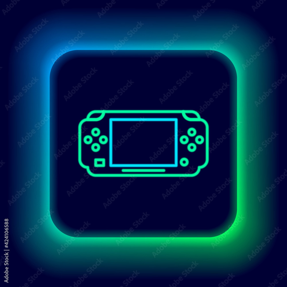 Glowing neon line Portable video game console icon isolated on black background. Gamepad sign. Gaming concept. Colorful outline concept. Vector Glowing neon line Portable video game console icon isolated on black background. Gamepad sign. Gaming concept. Colorful outline concept. Vector