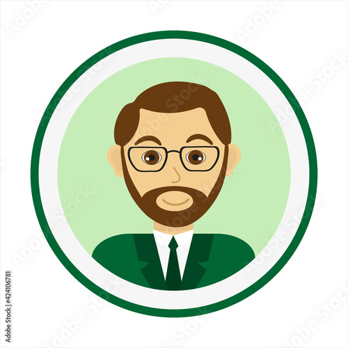 Smiling man face with brown hair, beard, side whiskers and mustache and wearing glasses. Male face. Man avatar on green background. Handsome man portrait. Isolated flat vector illustration.