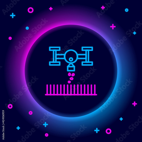 Glowing neon line Smart farm with drone control for seed planting icon isolated on black background. Innovation technology for agricultural company. Colorful outline concept. Vector