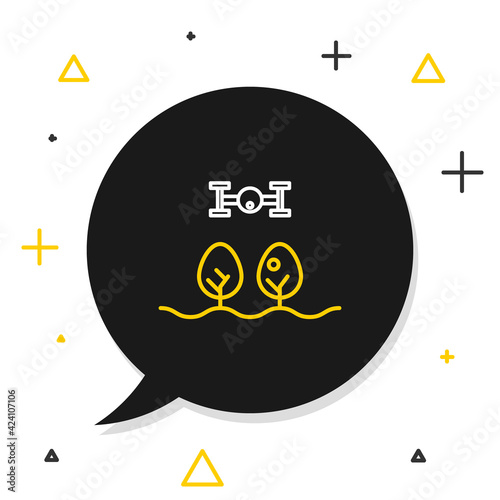 Line Smart farm with drone control and tree icon isolated on white background. Innovation technology for agricultural company. Colorful outline concept. Vector