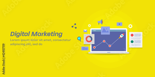 Digital marketing with seo, social media, business analytics concept on yellow background. Communication and networking technology.