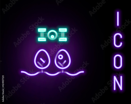 Glowing neon line Smart farm with drone control and tree icon isolated on black background. Innovation technology for agricultural company. Colorful outline concept. Vector
