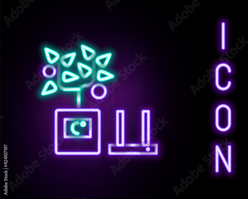 Glowing neon line Smart farming technology - farm automation system in app icon isolated on black background. Colorful outline concept. Vector