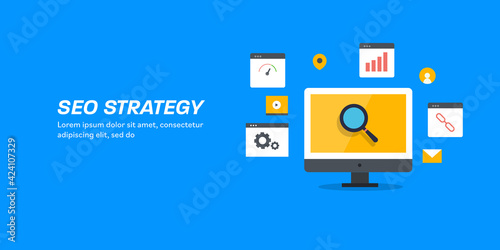 SEO strategy concept with link building, data analysis, loading speed, onsite optimization abstract background, flat design web banner. © Sammby