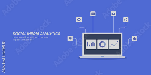 Social media data on laptop dashboard screen. Social media and web marketing analytics app, business data and insights.