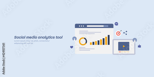 Social media marketing, business analytics, social media analytics software application tool concept. 