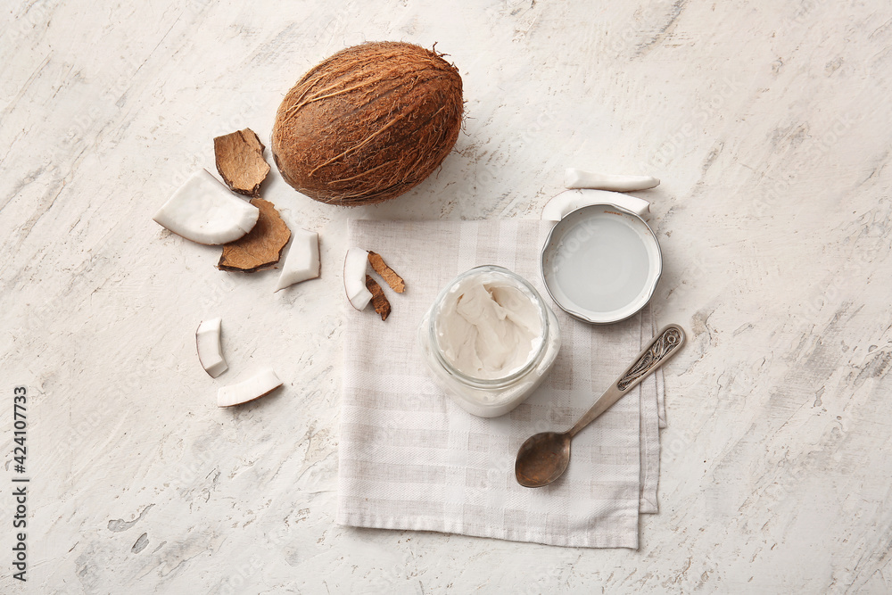 Jar with coconut cream on light background Jar with coconut cream on light background