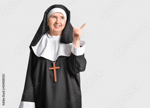 Senior nun pointing at some...
