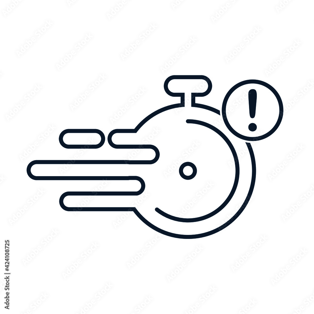 Stopwatch, exclamation mark. Concept start up, management, optimization, warning, error, alarm, danger symbol. Vector icon isolated on white background. Stopwatch, exclamation mark. Concept start up, management, optimization, warning, error, alarm, danger symbol. Vector icon isolated on white background.