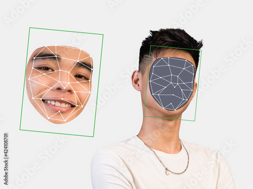 Deepfake concept matching facial movements with a different face of another person. Face swapping or impersonation. photo