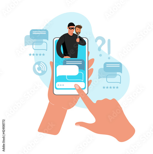 Two hands are holding a phone with a chat with a scam on the smartphone screen. Concept of cybercrime, fraud and blackmail, online crimes on the internet, social networks, dating apps. Vector flat