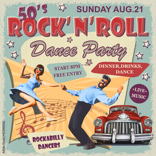 Rock and Roll Dance Party retro poster.  photo