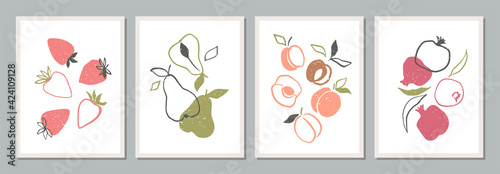 Collection of abstract posters with fruits - strawberry, pear, apricot, pomegranate. Collection of abstract vector design for home decor