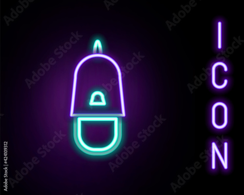 Glowing neon line Police cap with cockade icon isolated on black background. Police hat sign. Colorful outline concept. Vector