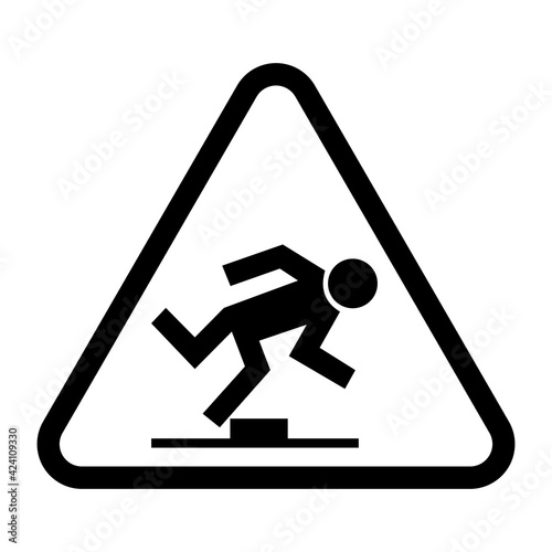 Tripping hazard warning sign. Vector illustration of black and white triangle sign with stumbling man icon inside. Caution risk of falling symbol isolated on white background. Watch your step.